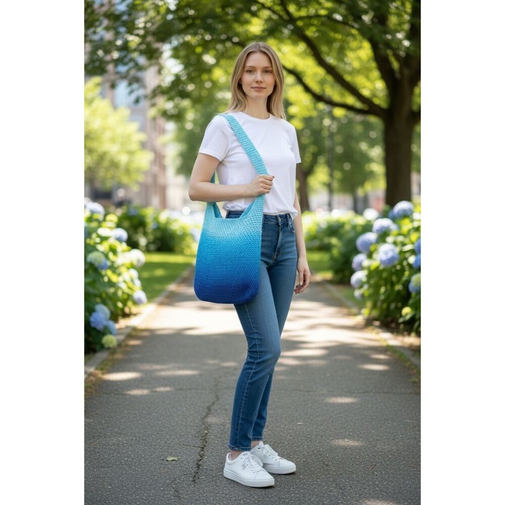 Handwoven Crochet Shoulder Bag Blue Ombre Gradient Design 27"x12" Lightweight &